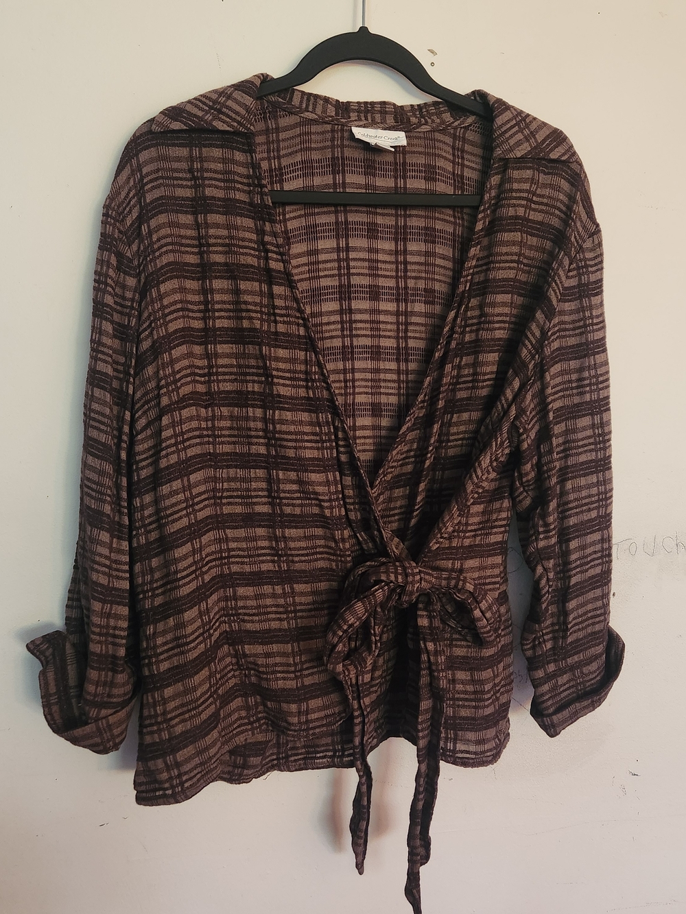 Coldwater Creek Brown Plaid Tie-Front Button Down Top Size Lp